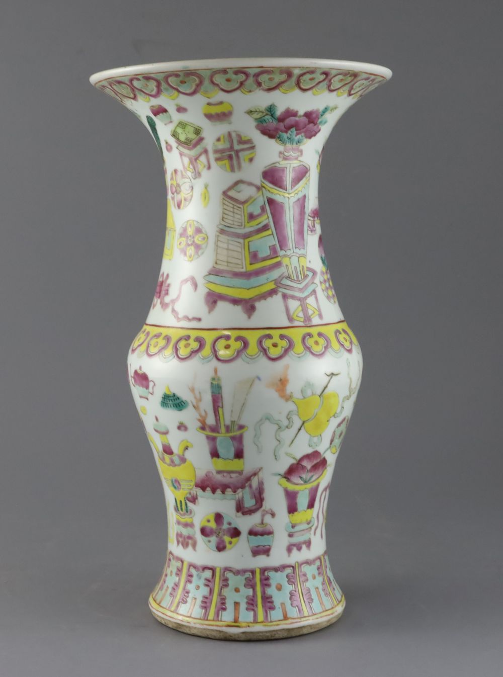 A Chinese famille rose hundred antiques vase, 19th century, H.37.5cm, drilled hole to base
